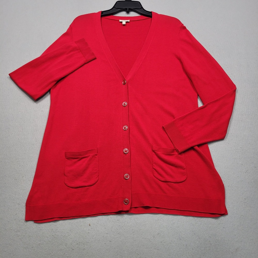 Talbots Womens Red V-Neck Button Front Cardigan Sweater Large Pockets CN1824